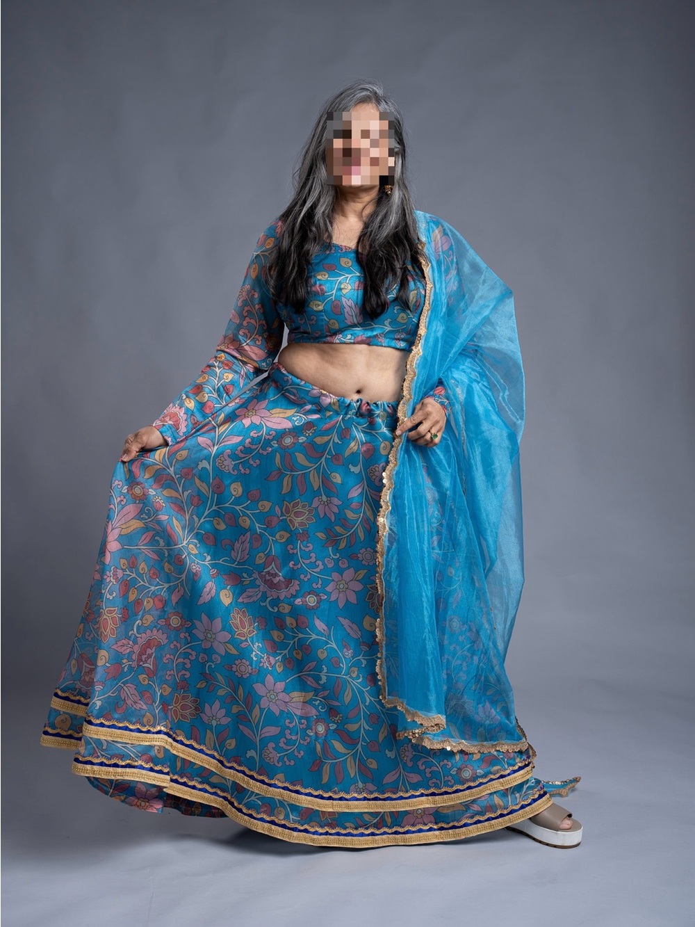 Blue Floral A-Line Skirt with Coordinating Dupatta - Women